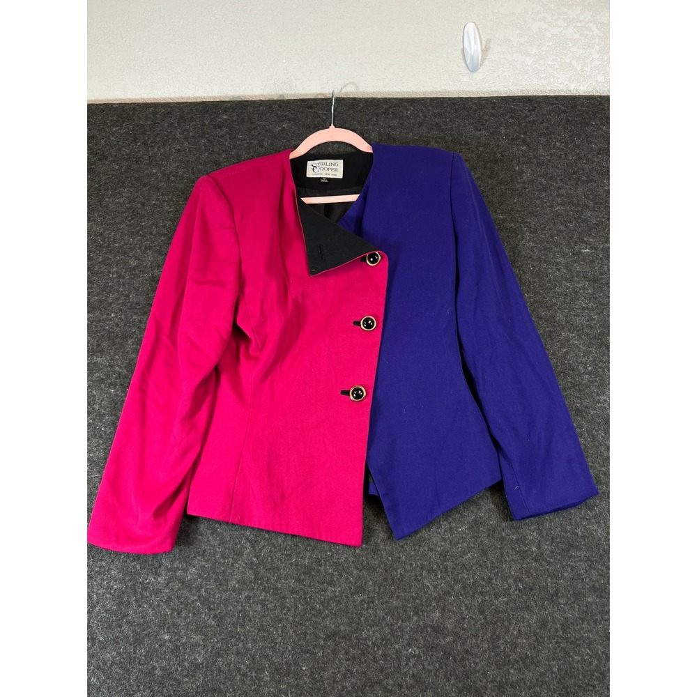 VTG 80s Stirling Cooper Colorblock Blazer Jacket Women 12 Pink Purple Asymmetric